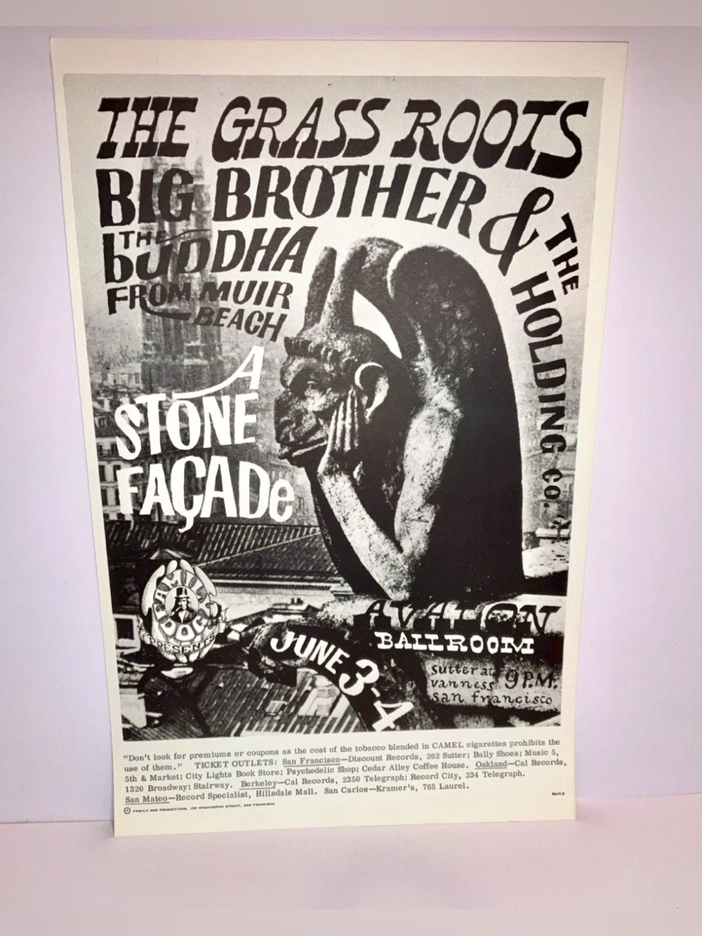 Original Vintage Poster Stone Facade Grass Roots Big Brother 1966 Rock 20x13”